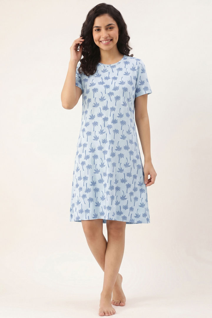 Zivame Farm Lore Knit Cotton Knee Length Nightdress - Nantucket Breeze — image 2
